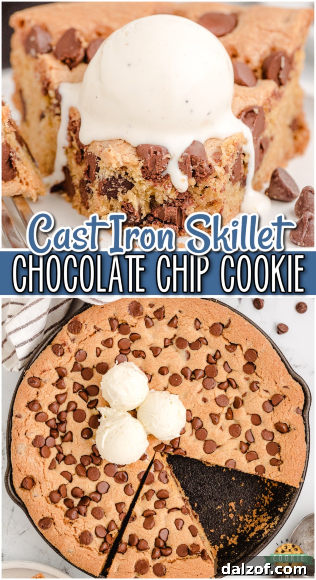 A beautifully composed image showcasing a warm Cast Iron Skillet Cookie topped with vanilla ice cream, perfect for a Pinterest pin.