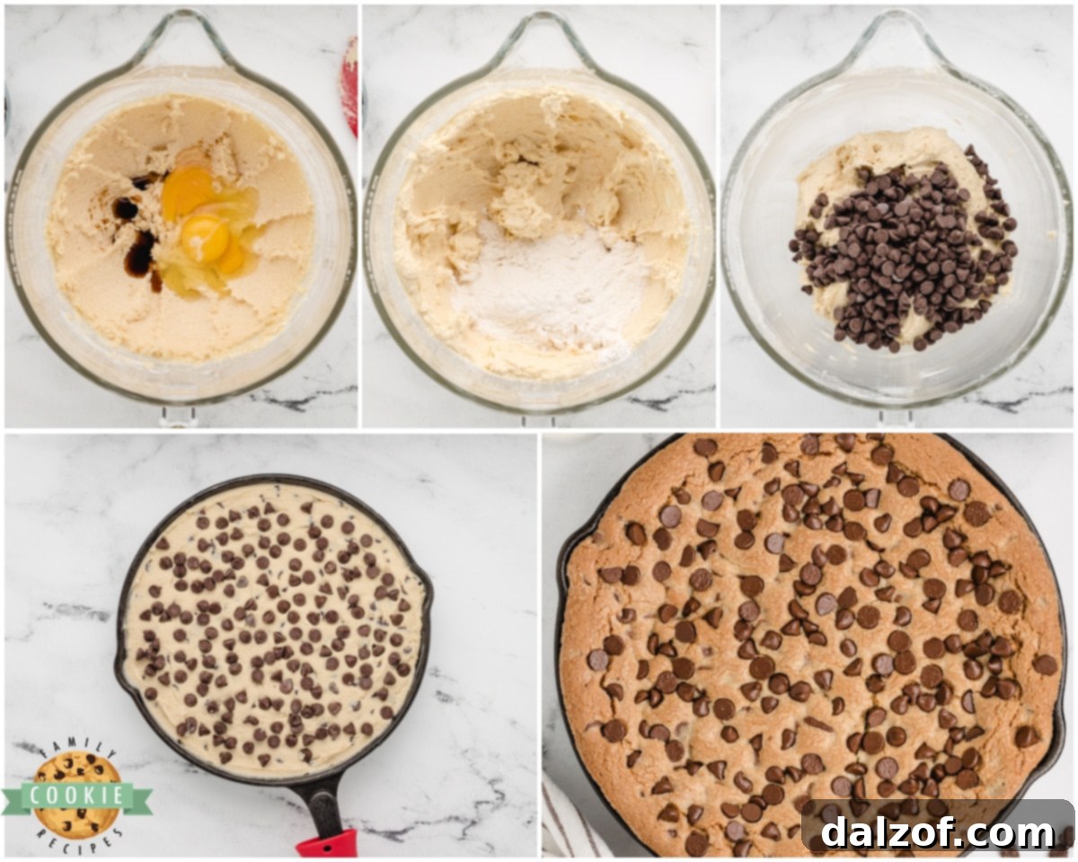 Step-by-step image showing how to combine ingredients to make a Cast Iron Skillet Cookie.