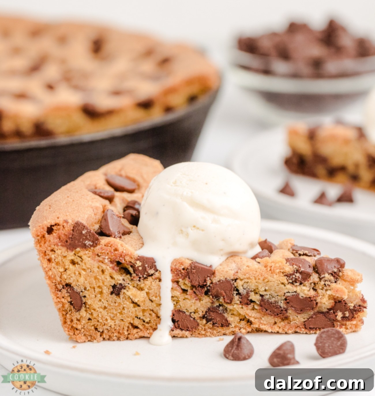 A delectable slice of skillet cookie, perfectly baked and garnished with a scoop of melting vanilla ice cream and a rich chocolate drizzle.