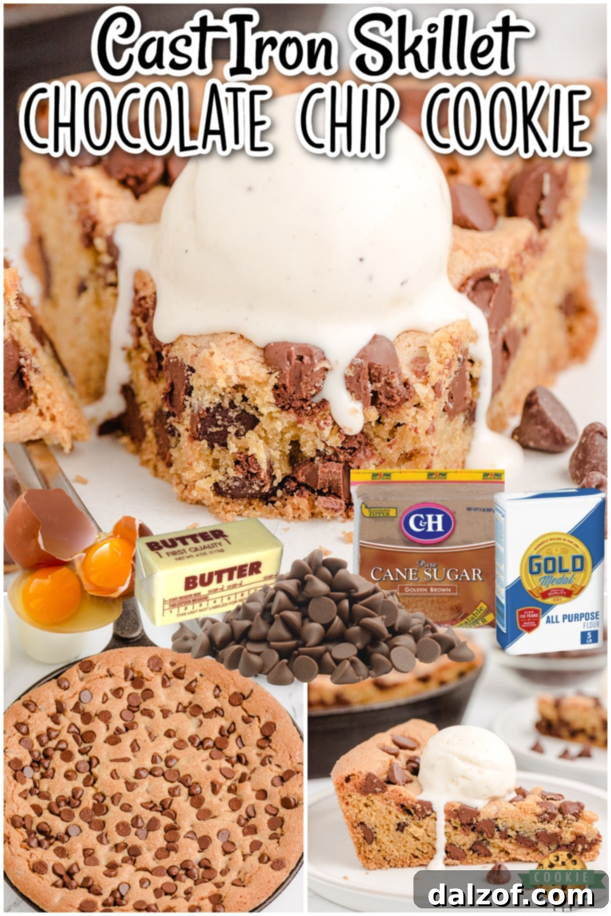 Cast Iron Skillet Cookie: Easy recipe for baking chocolate chip cookie dough in a skillet, topped with vanilla ice cream, perfect for sharing.