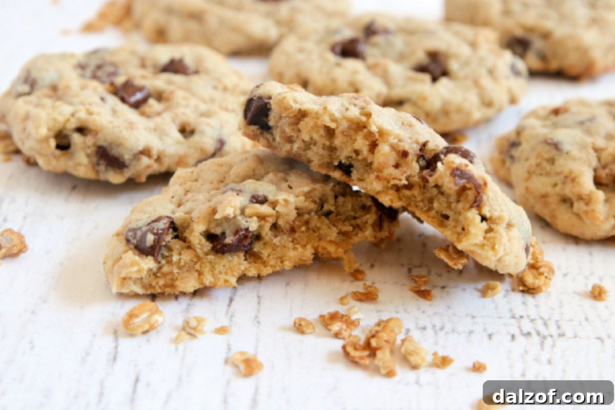 Chocolate chip cookies made with protein powder and granola. 