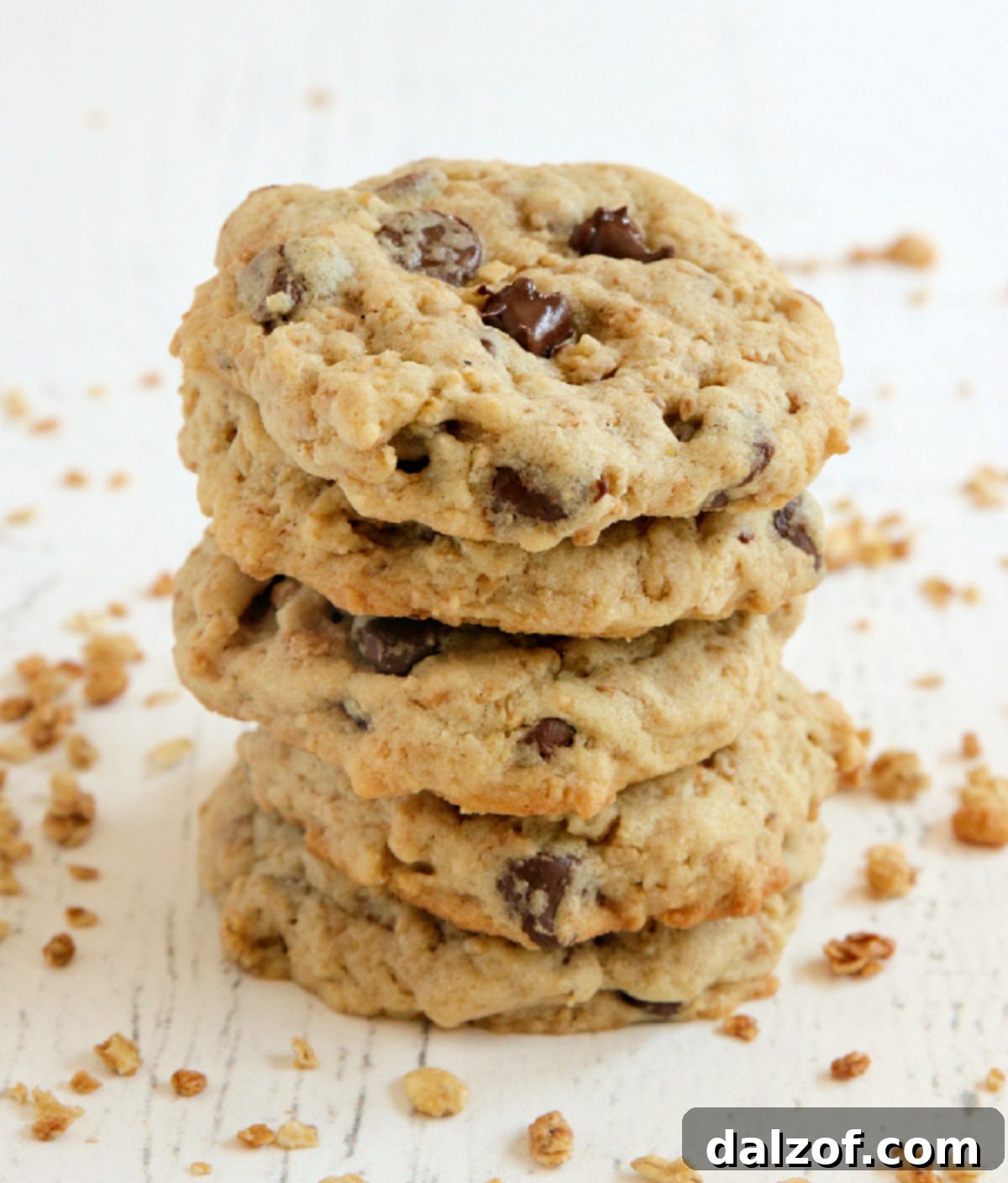 Stack of granola chocolate chip cookies.