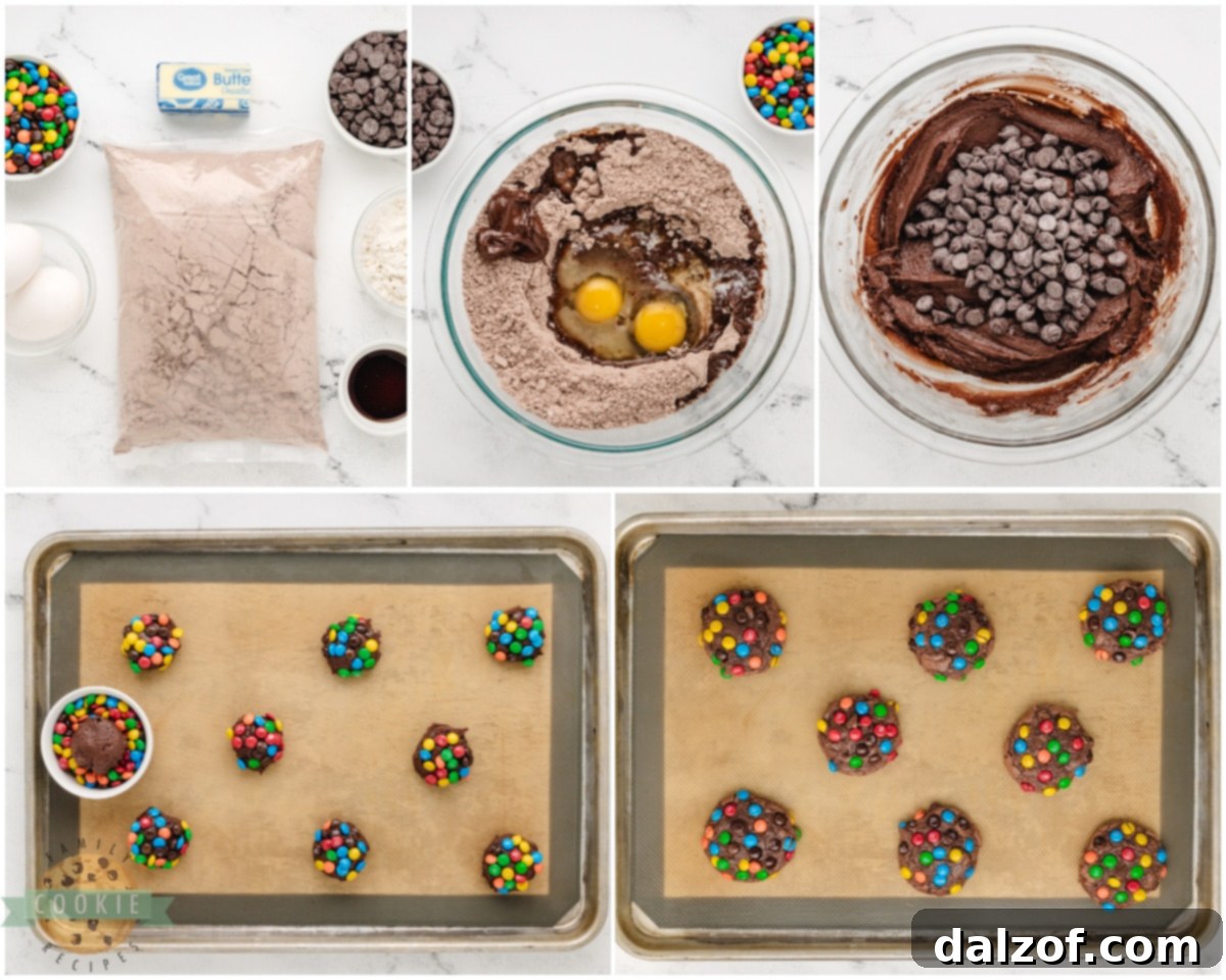 Detailed image illustrating the step-by-step process of how to make brownie mix M&M cookies, from mixing to shaping.