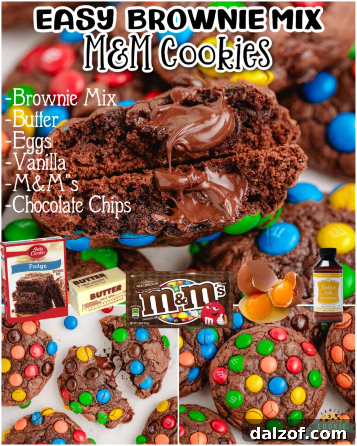 A collage of delicious Brownie Mix M&M Cookies, showcasing their chewy texture and vibrant M&M candies, promising a sweet indulgence.