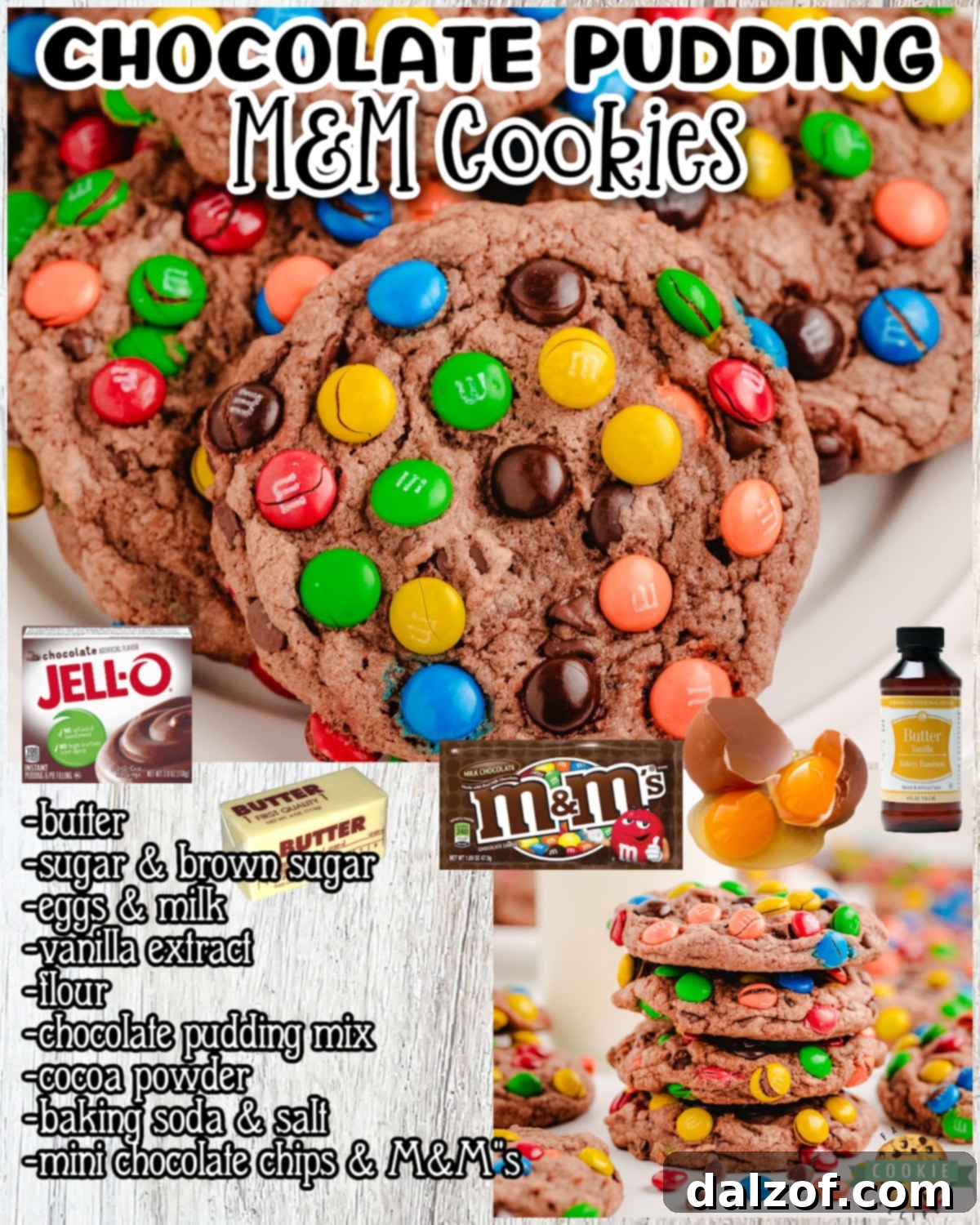 Close-up of a gooey chocolate pudding cookie generously rolled in colorful M&M candies, showcasing its rich texture.