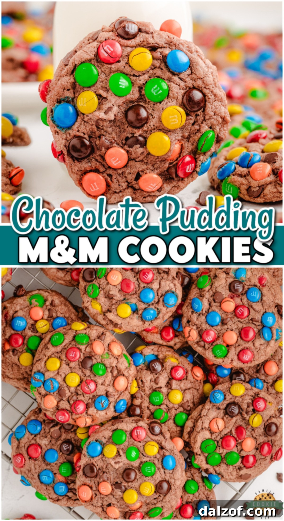 A stunning top-down shot of Chocolate Pudding M&M Cookies, showcasing their chewy texture and abundance of M&M candies, perfect for a recipe feature.