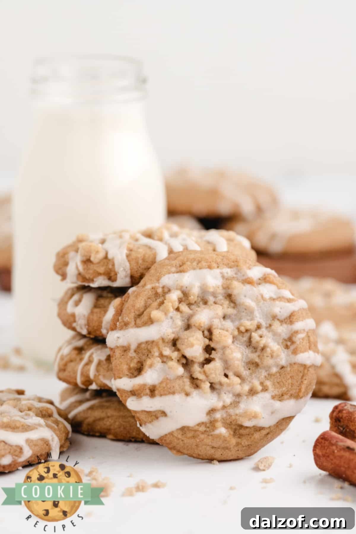 Cinnamon cookies made with crumb topping and vanilla glaze.