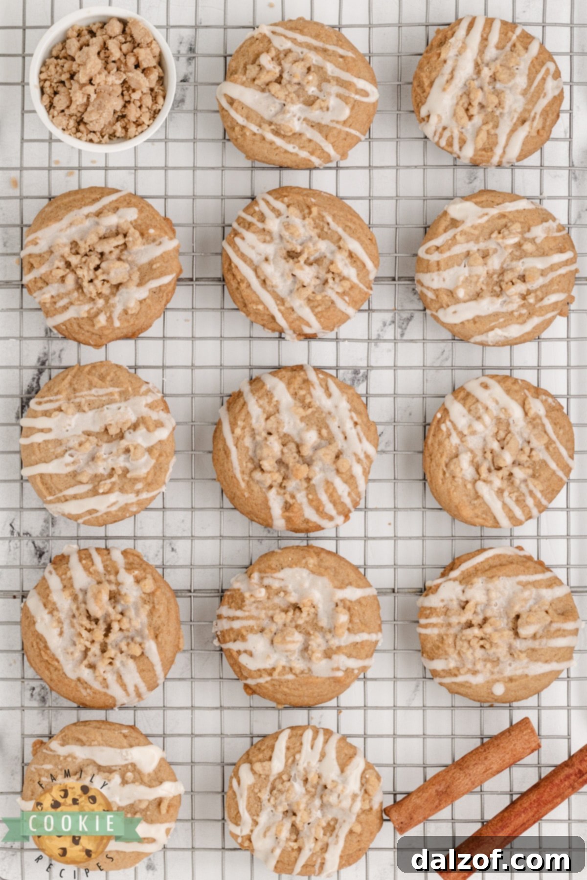 Cinnamon cookies with cinnamon crumb topping and vanilla glaze.