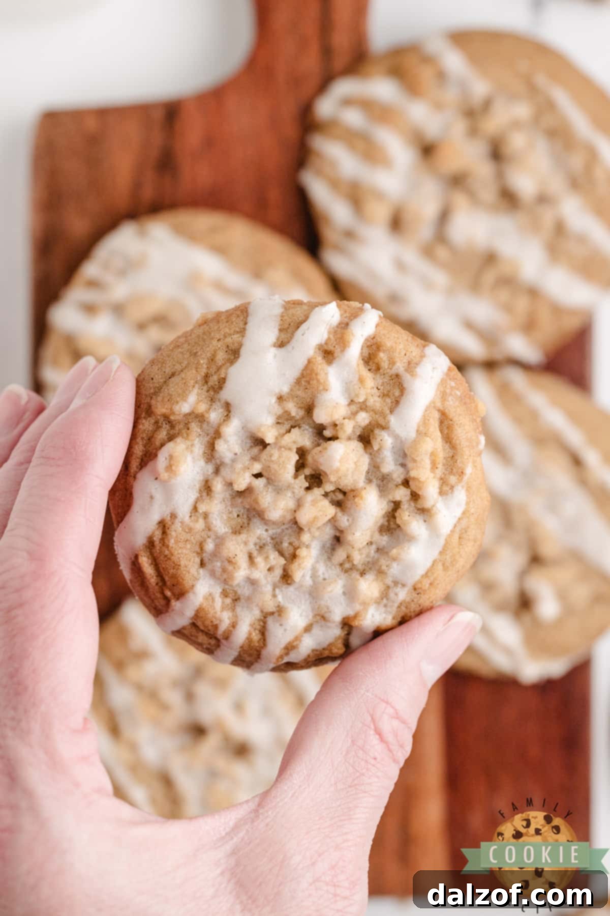 Cinnamon cookie topped with cinnamon streusel and vanilla glaze. 