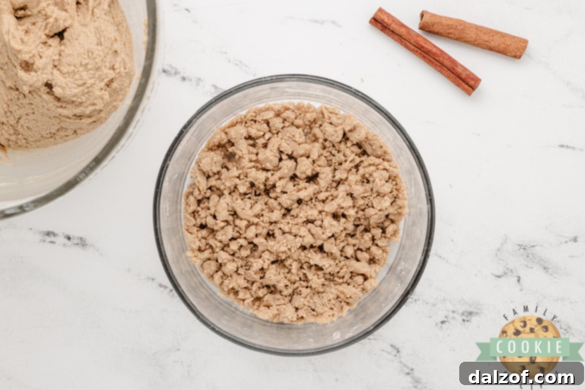 Crumb topping made with flour, butter, brown sugar, and cinnamon.
