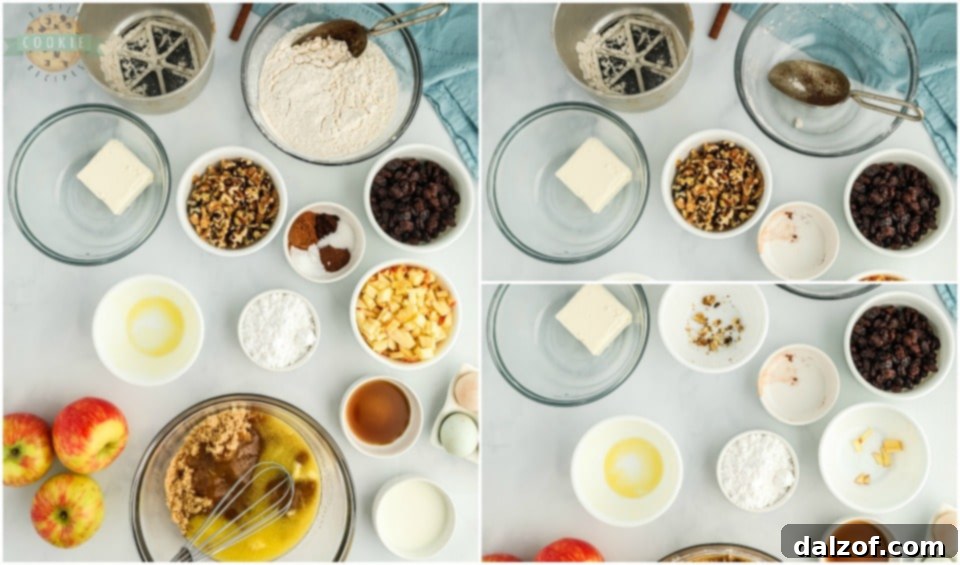 Step-by-step process of making Easy Cinnamon Spiced Apple Cookies, from mixing to adding ingredients.