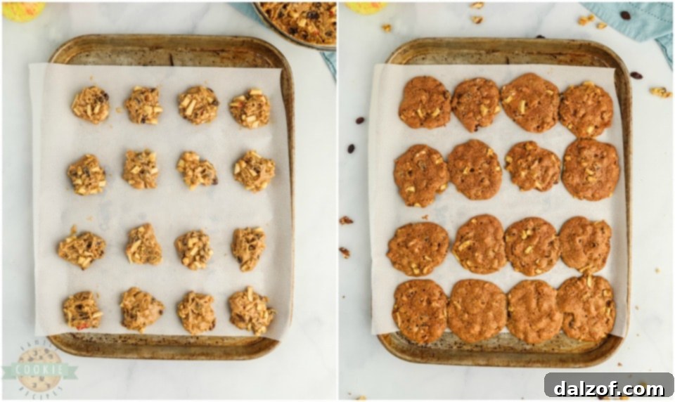 A collage showing the steps of preparing the apple cookie dough and glazing the baked cookies.