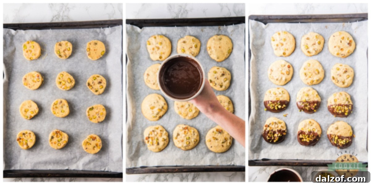 Sliced cookie dough ready for baking, and cooled cookies being dipped into melted chocolate for decoration.