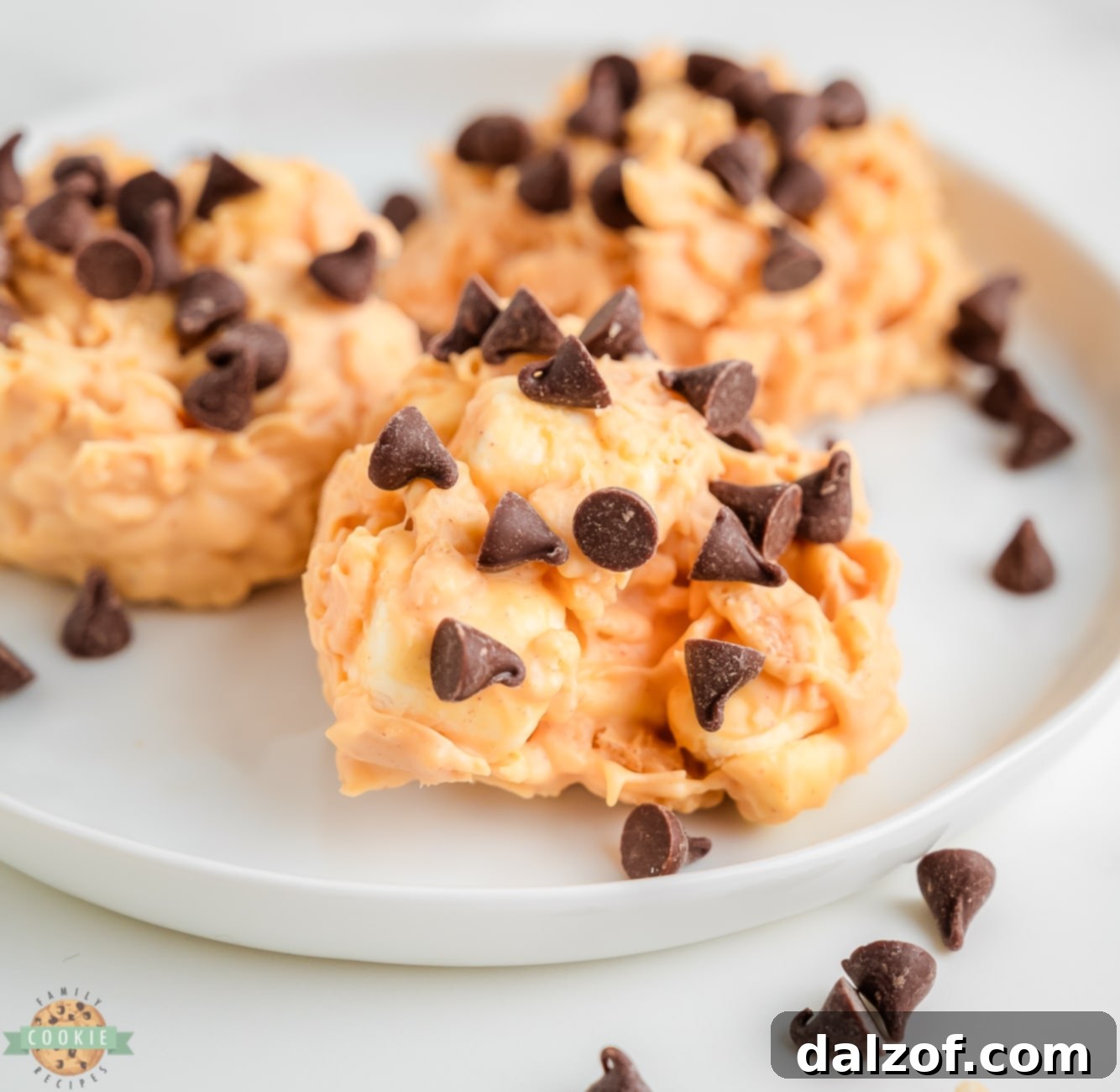 peanut butter marshmallow no bake krispie cookies on a plate