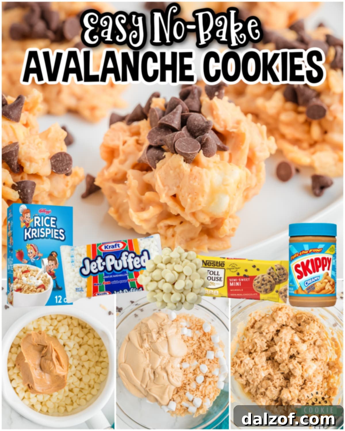 No-Bake Avalanche Cookies made with just 5 ingredients for a soft, chewy & krispie no-bake cookie everyone loves! Chocolate, marshmallows, krispie cereal & peanut butter combine in this easy, delightful cookie. 