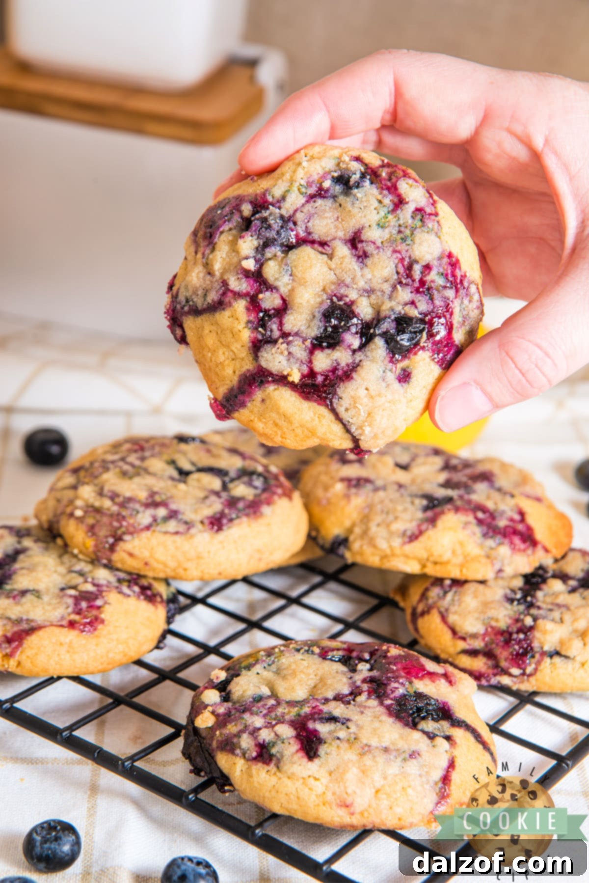 A single Lemon Blueberry Muffin Cookie, showing the rich texture and delicious toppings.