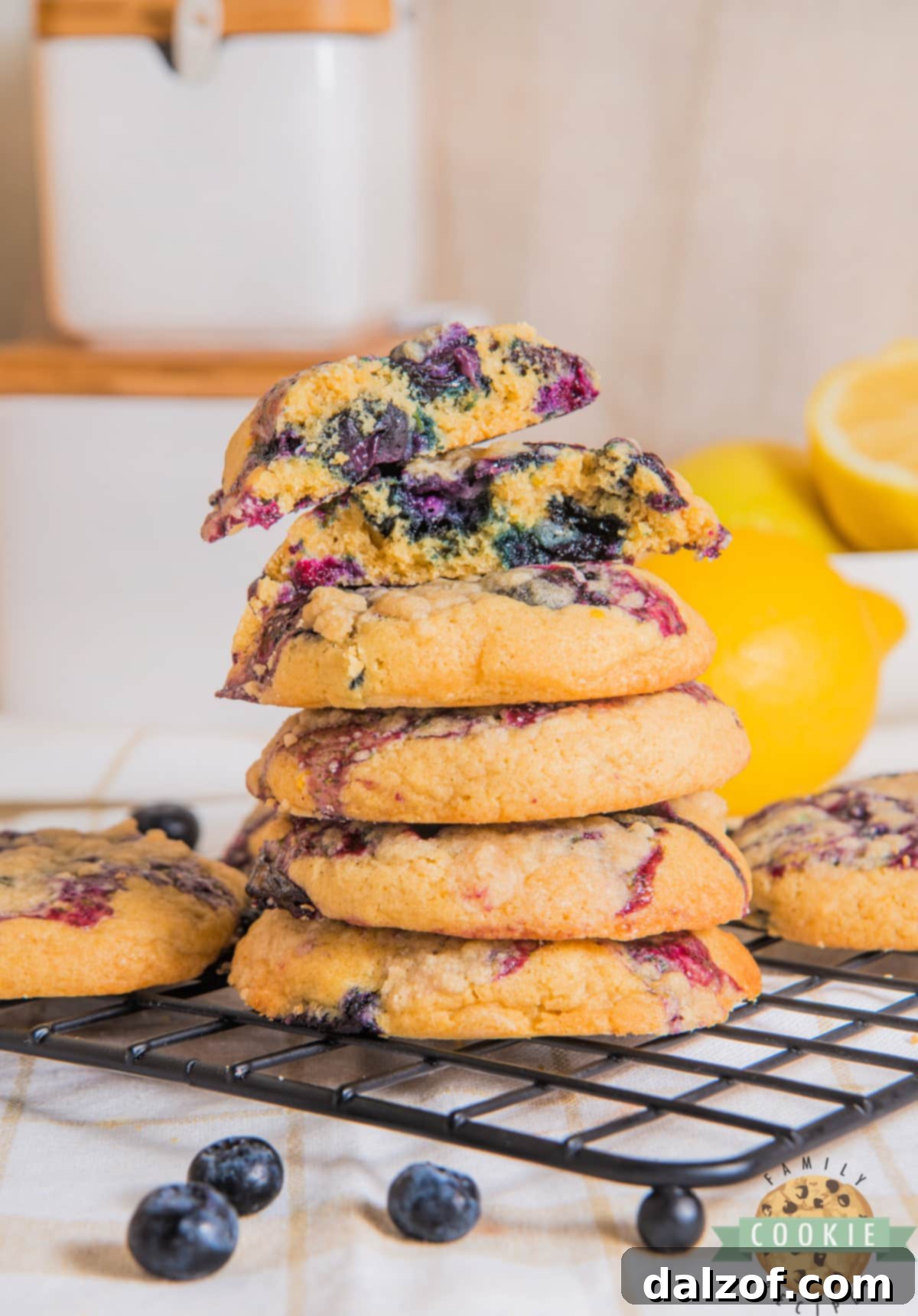 Overhead view of several baked Lemon Blueberry Muffin Cookies.