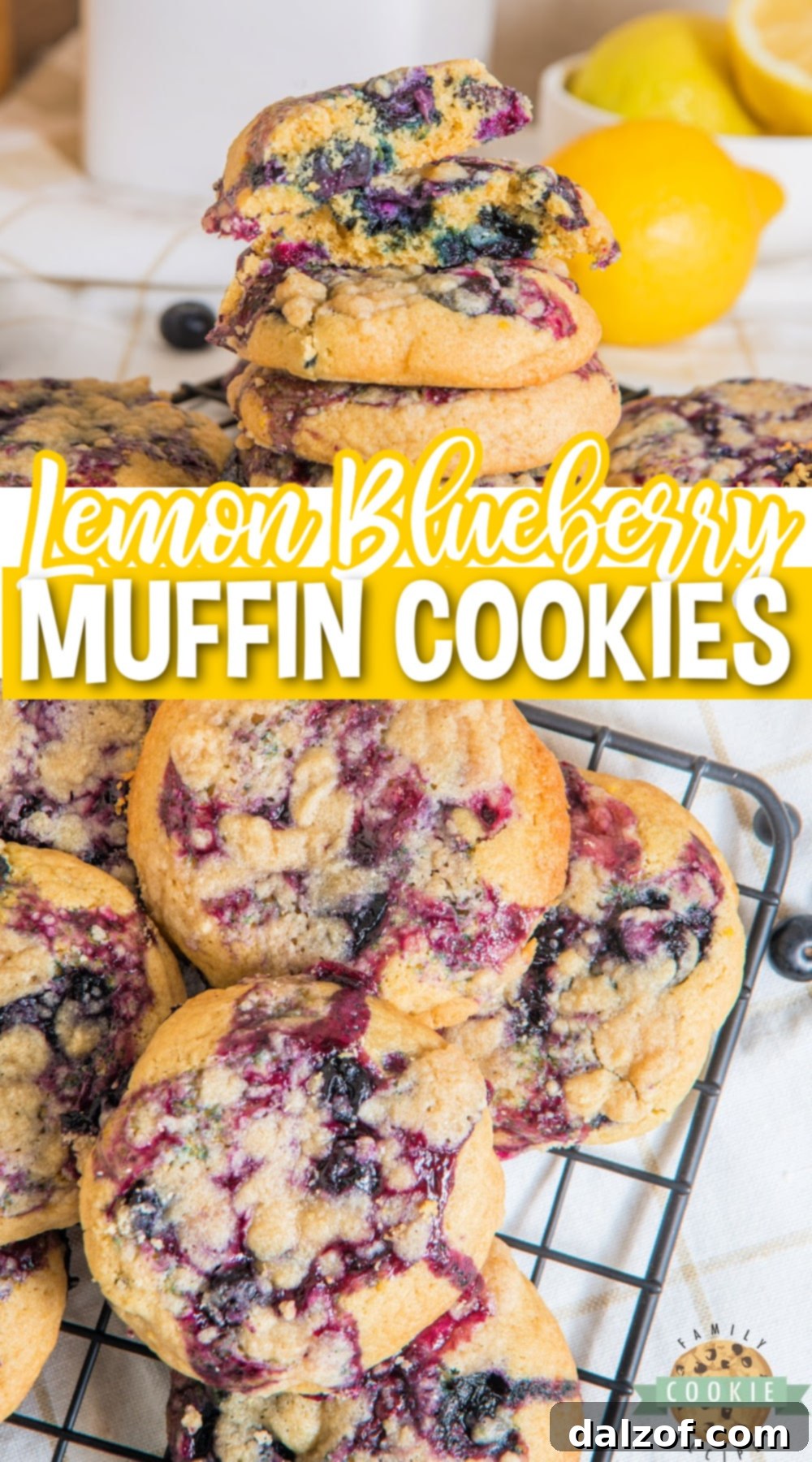 A top-down shot of a platter of freshly baked Lemon Blueberry Muffin Cookies.