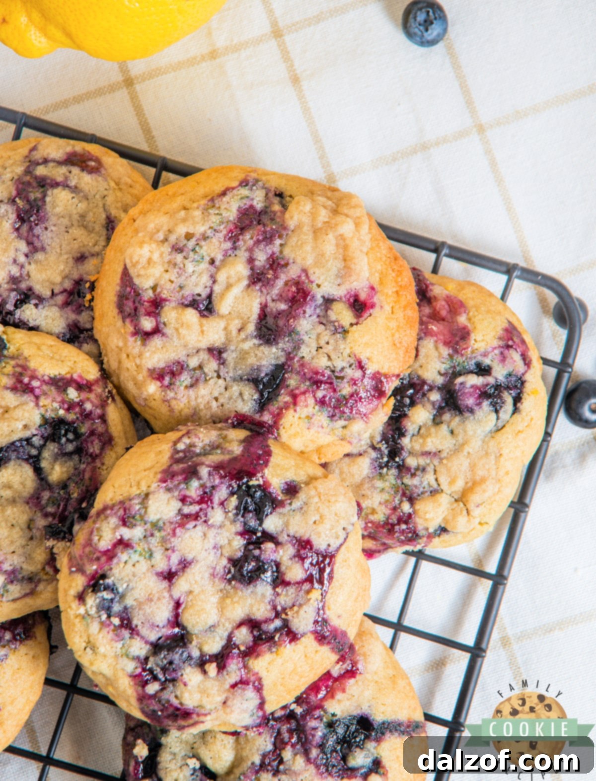 Close-up of baked Lemon Blueberry Muffin Cookies, showcasing the streusel and blueberry filling.