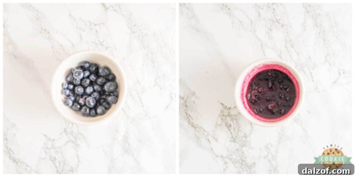 A bowl of simple homemade blueberry jam, ready for cookie assembly.