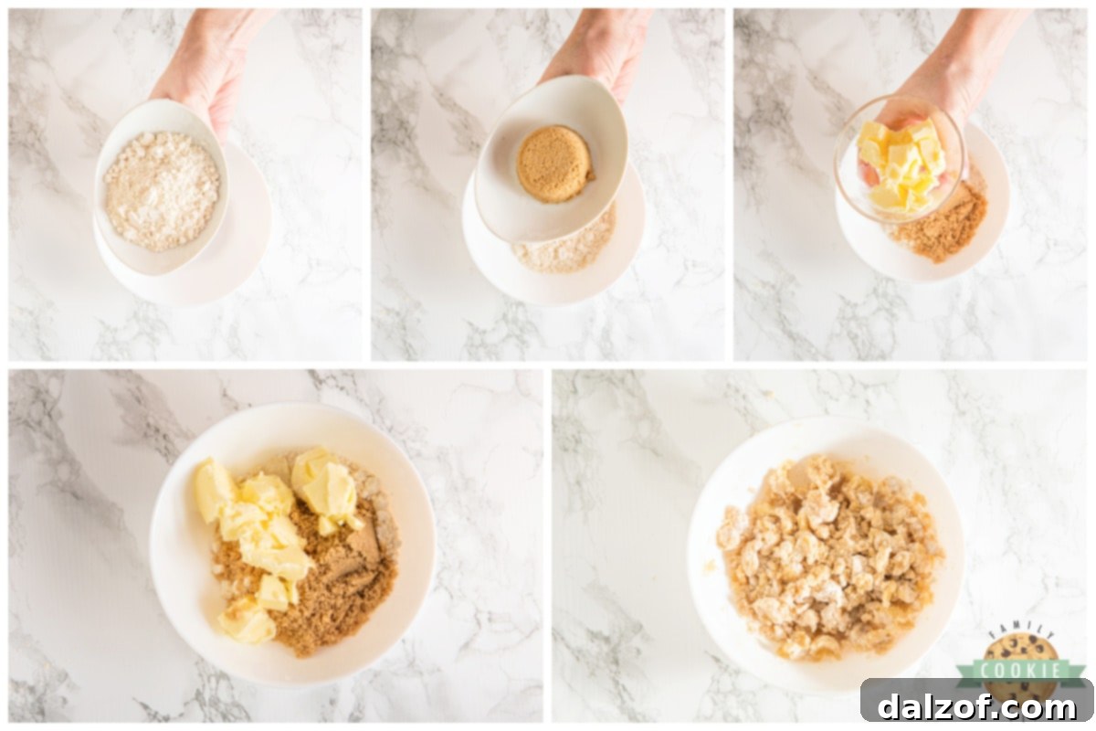 Ingredients for streusel topping: butter, brown sugar, and flour being mixed.
