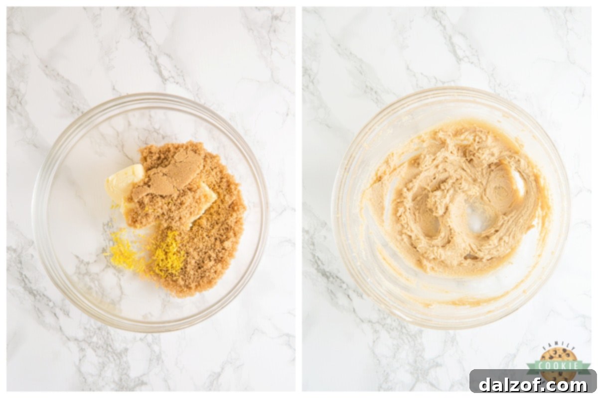 Softened butter, brown sugar, and lemon zest creaming in a large mixing bowl.