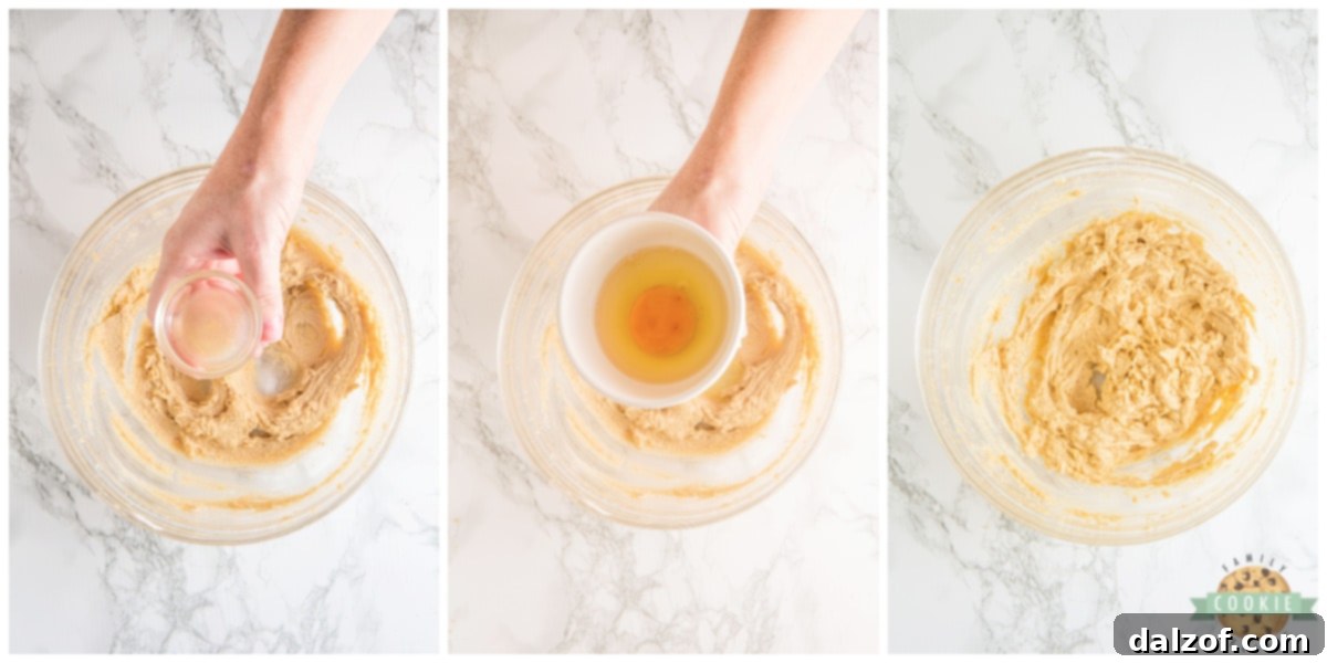 Lemon juice and egg being added to the creamed butter and sugar mixture.
