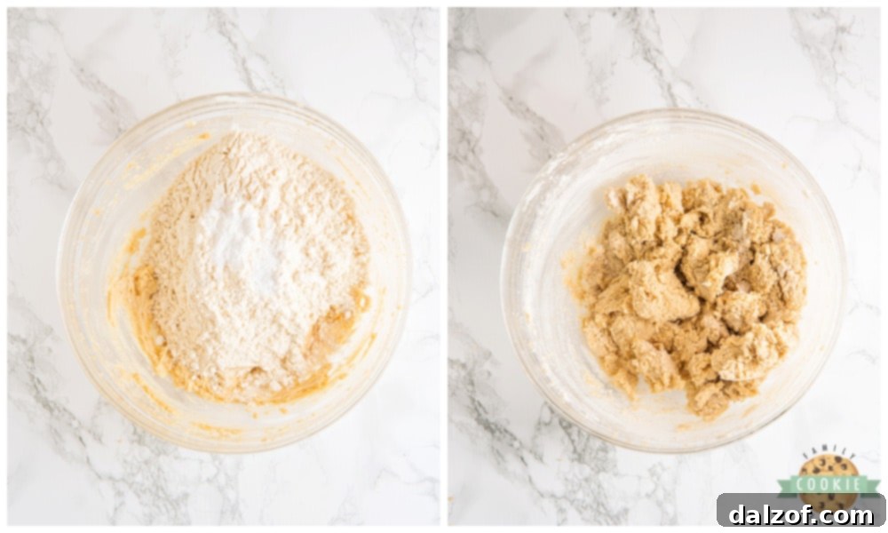 Dry ingredients (flour, baking powder, baking soda, salt) being mixed into the wet cookie dough.