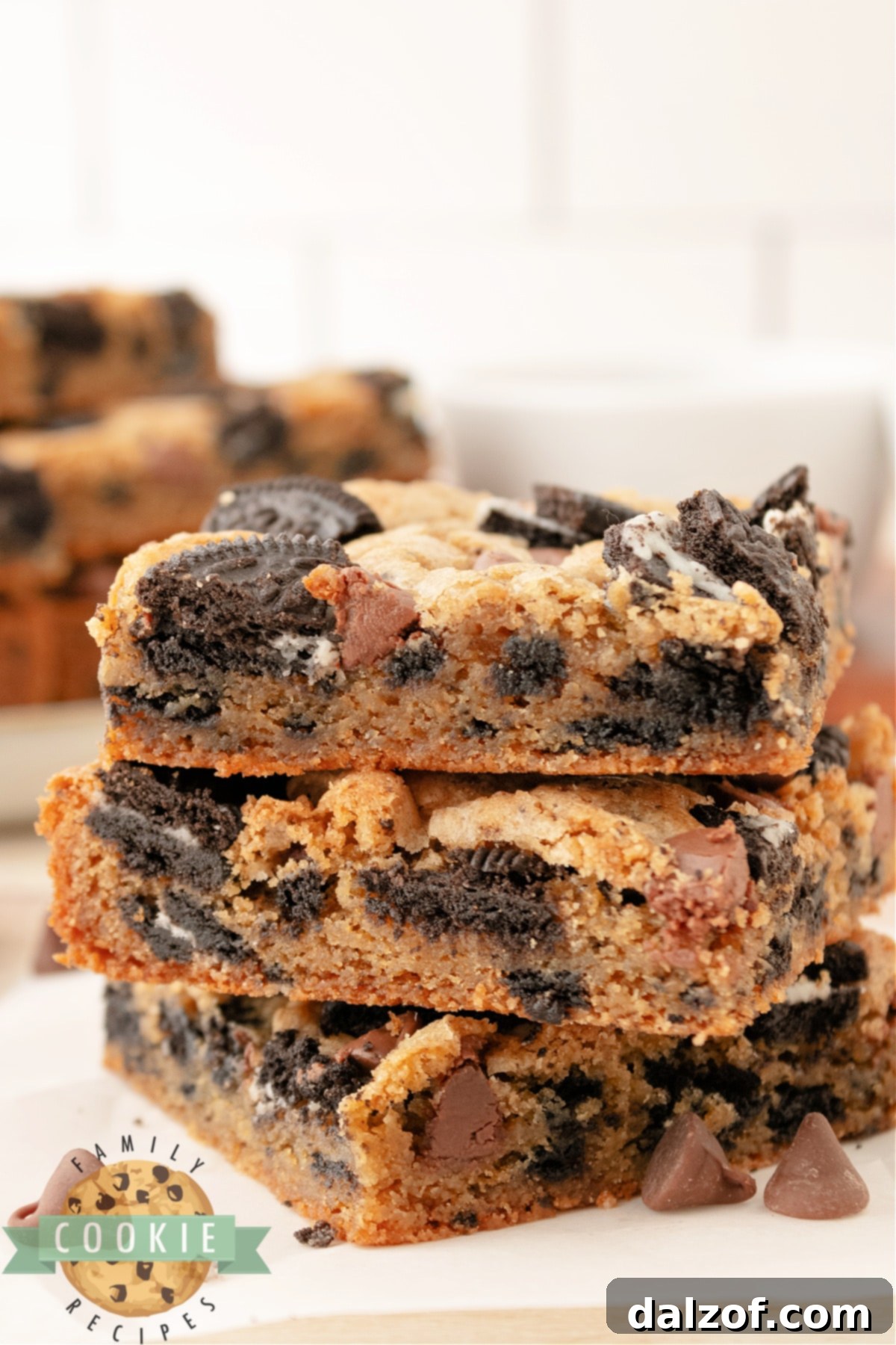 Thick and chewy cookie bars with Oreos. 