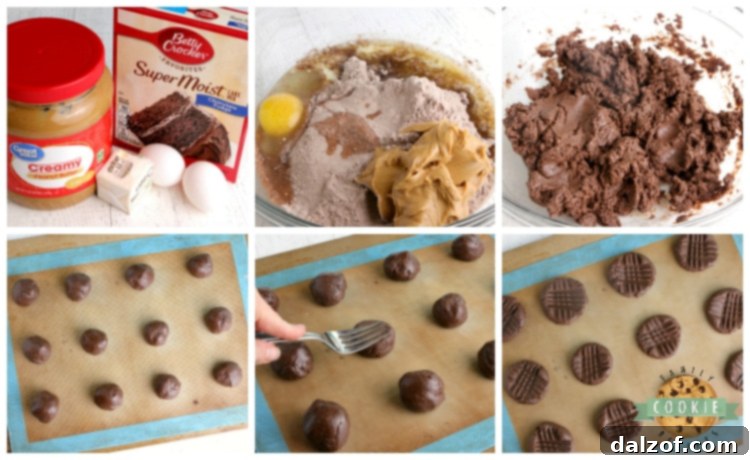 Ingredients laid out for making chocolate cake mix cookies with peanut butter