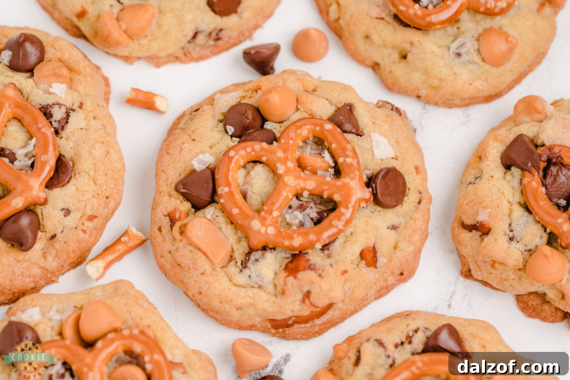 Irresistible butterscotch pretzel cookies topped with flakey sea salt