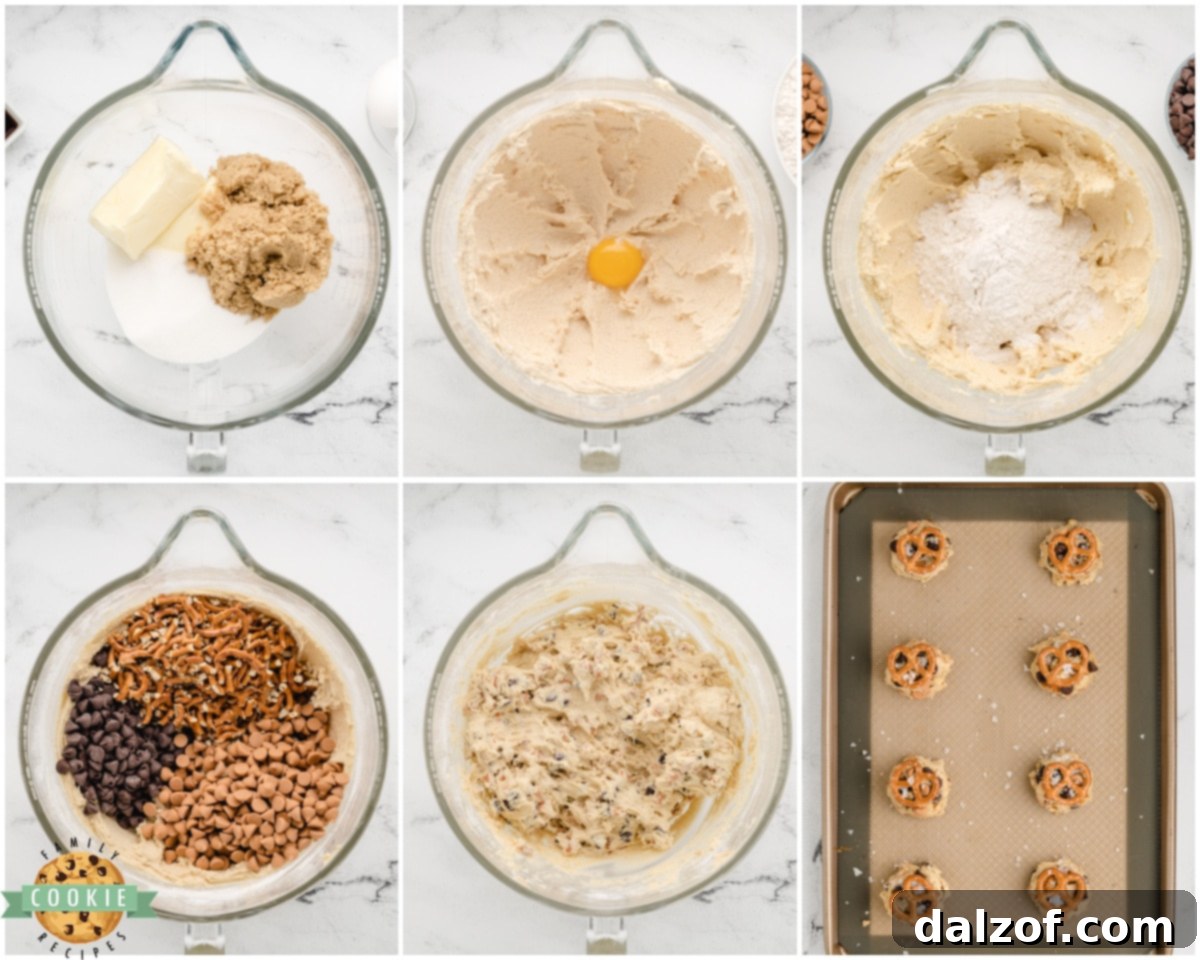 Ingredients and steps laid out to show how to make sea salt butterscotch pretzel cookies