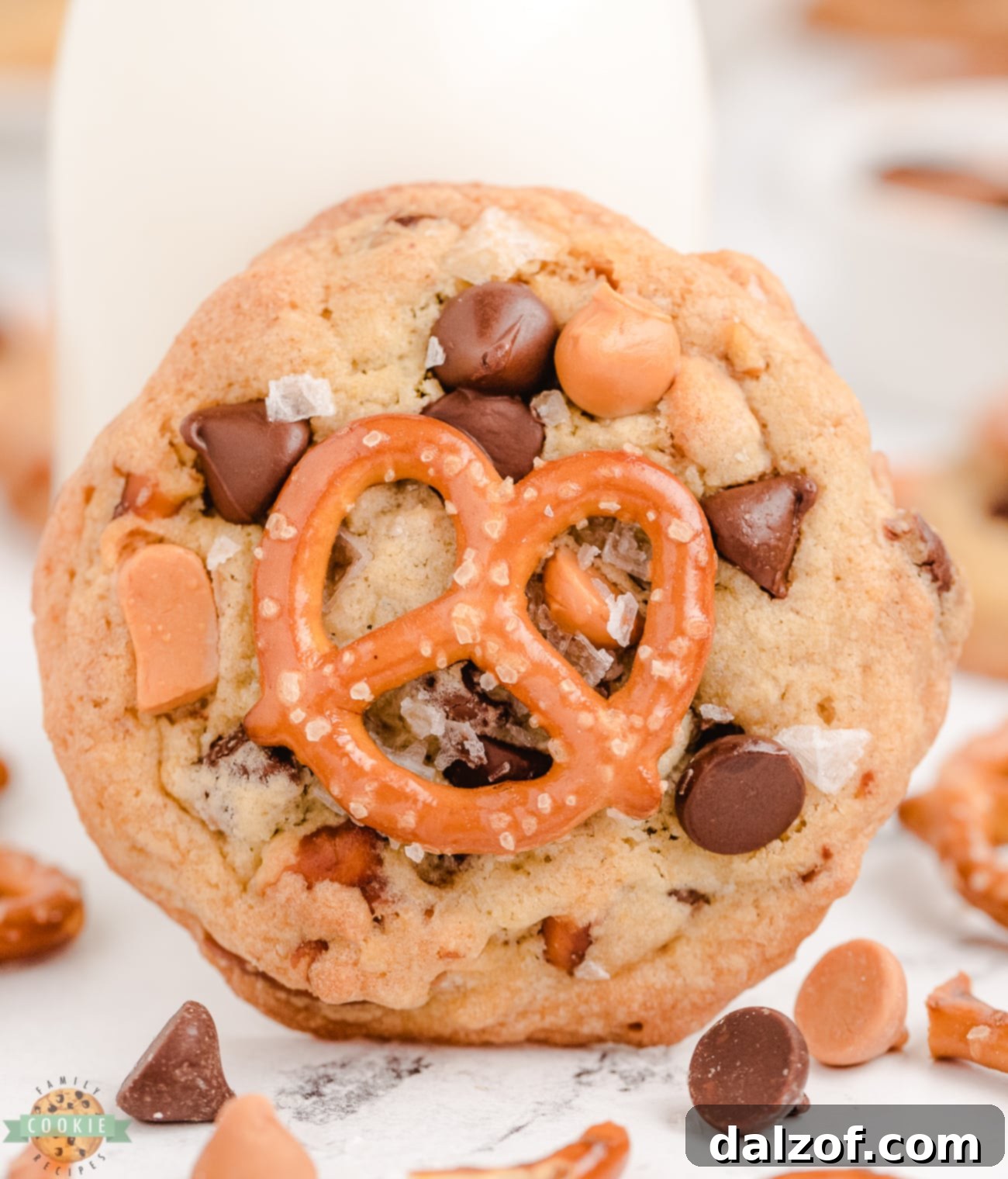 Butterscotch cookie with pretzels and a glass of milk