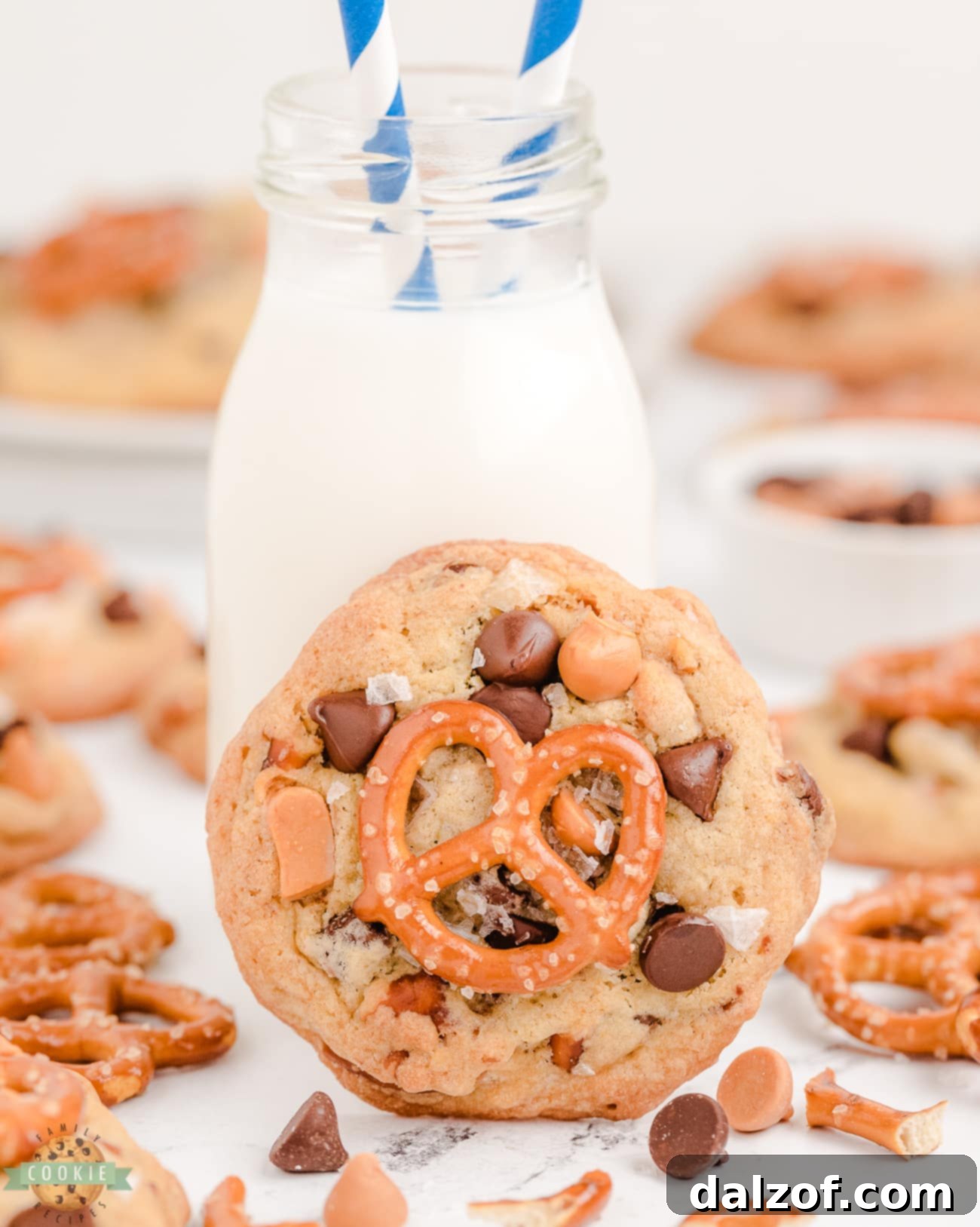 Pretzel butterscotch cookies served with a glass of milk