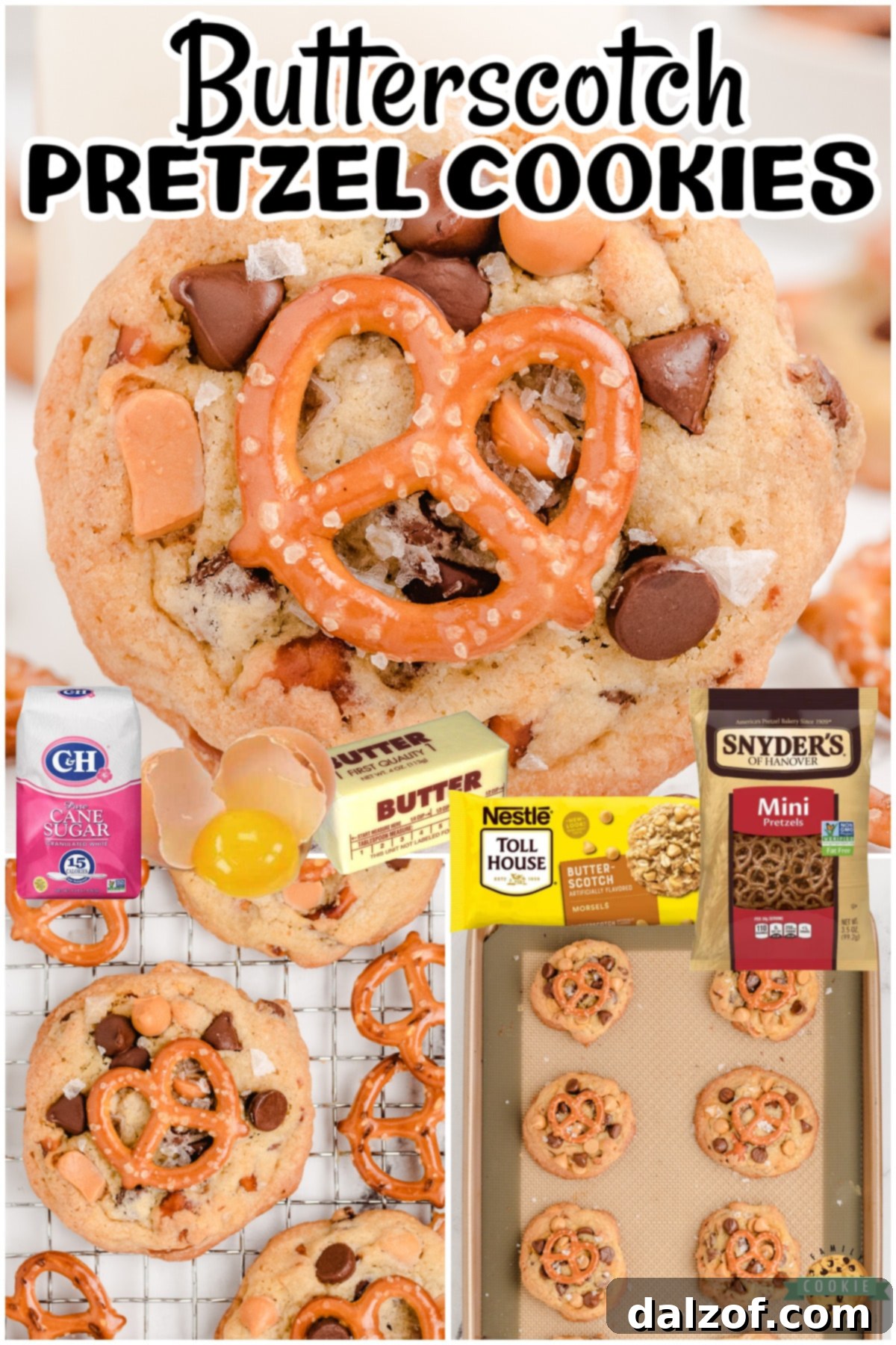 A collage featuring close-ups of Sea Salt Butterscotch Pretzel Cookies, highlighting their sweet and salty crunch