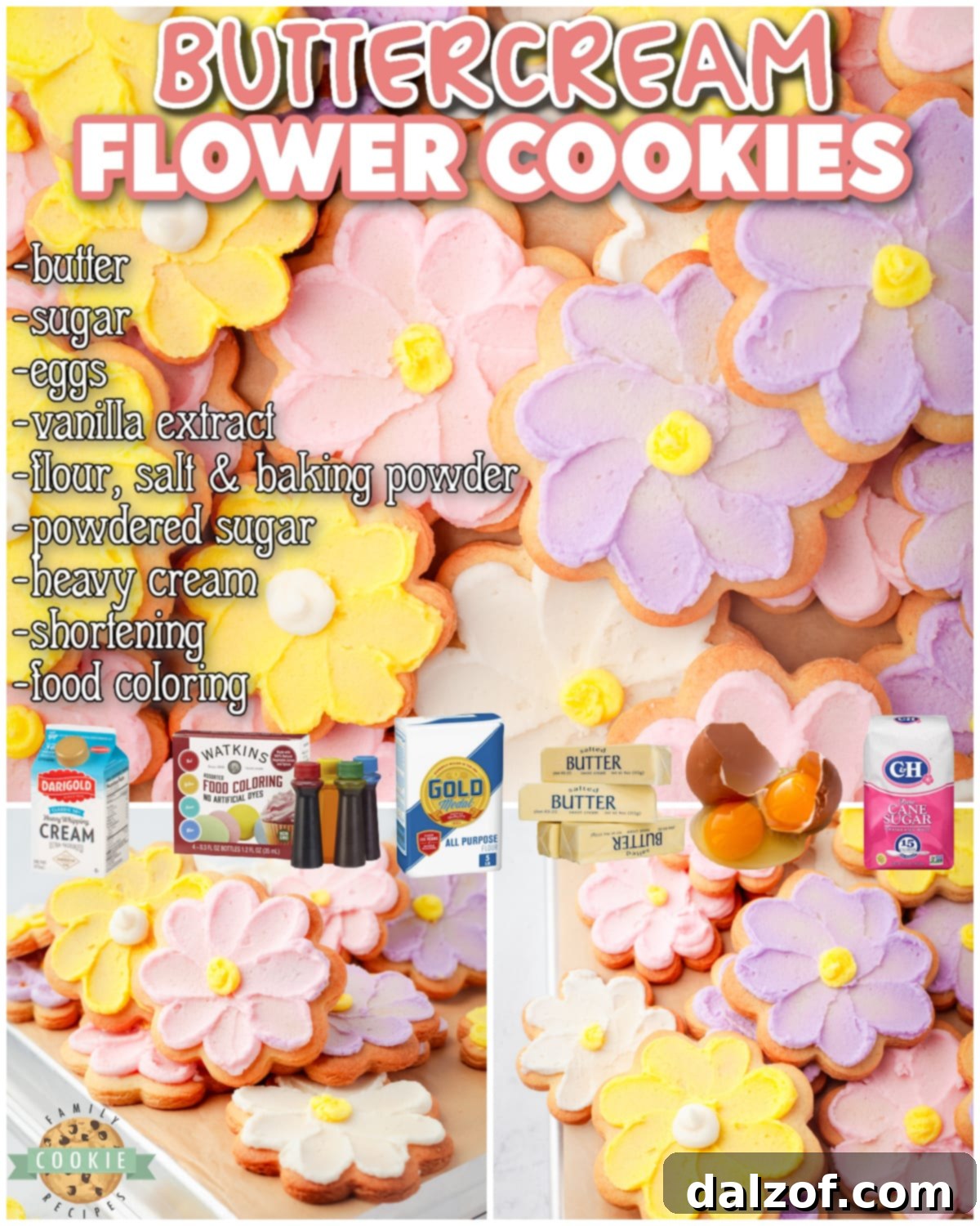 Buttercream Flower Cookies are both beautiful & delicious! Buttery cut out cookies are piped with a silky buttercream frosting in the shape of Spring flowers!
