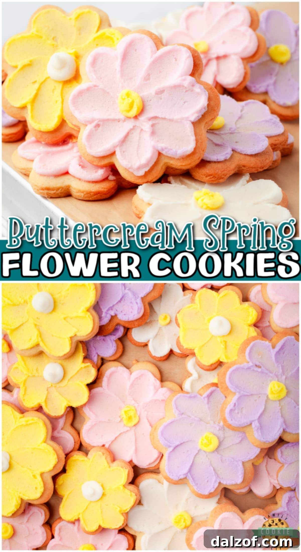 Buttercream Flower Cookies are both beautiful & delicious! Buttery cut out cookies are piped with a silky buttercream frosting in the shape of Spring flowers!