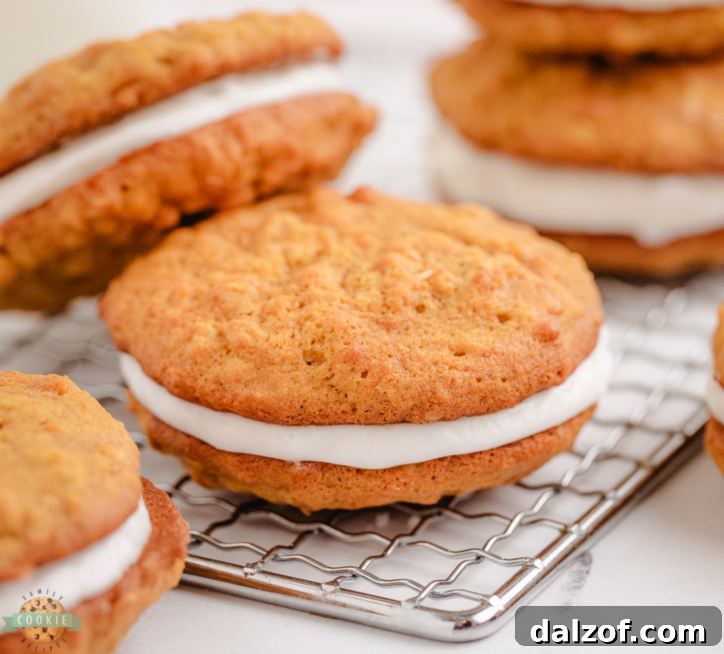 Freshly baked pumpkin oatmeal sandwich cookies cooling on a wire rack, showing their soft texture and golden brown edges.