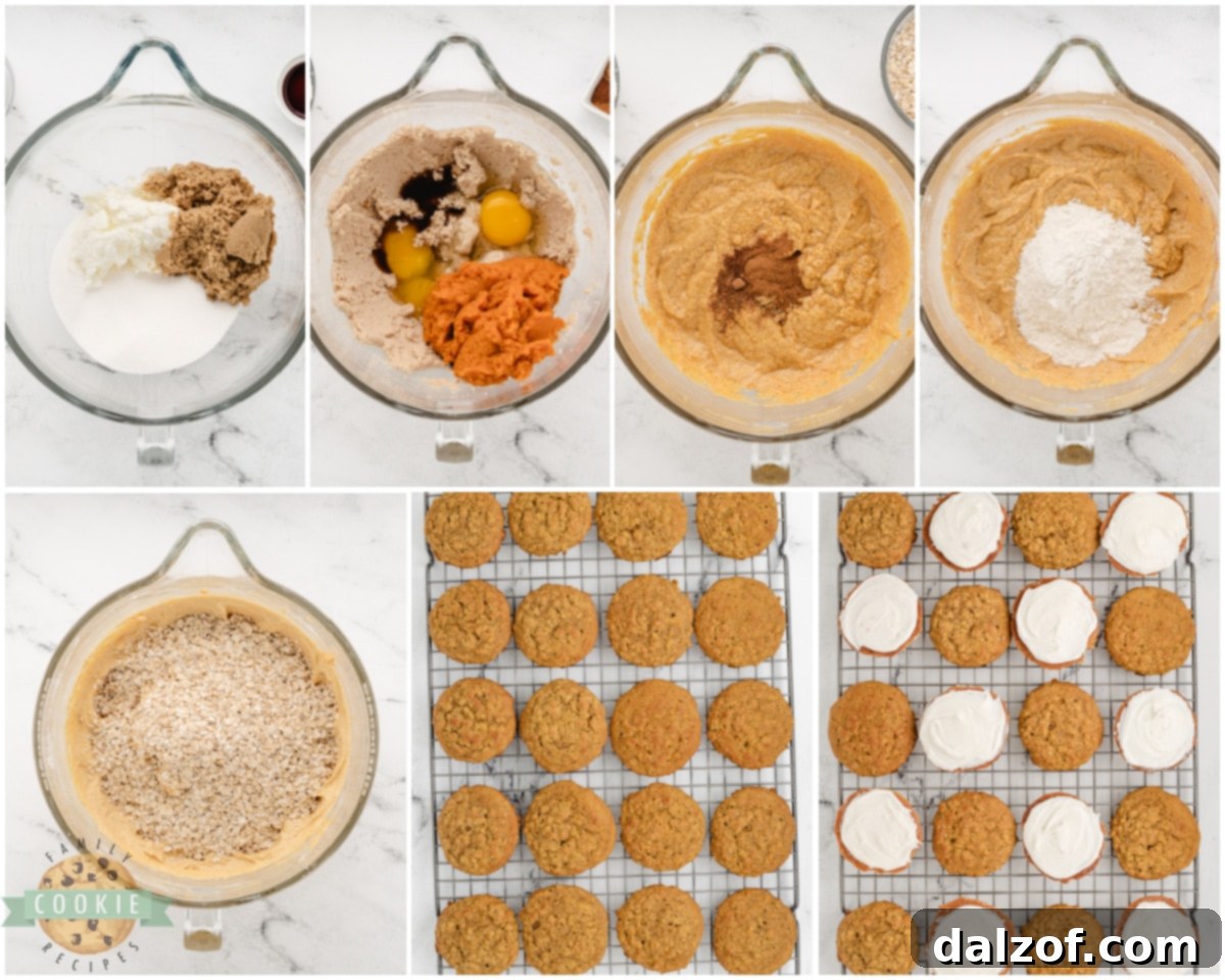 Step-by-step image showing how to mix ingredients for pumpkin oat sandwich cookies.