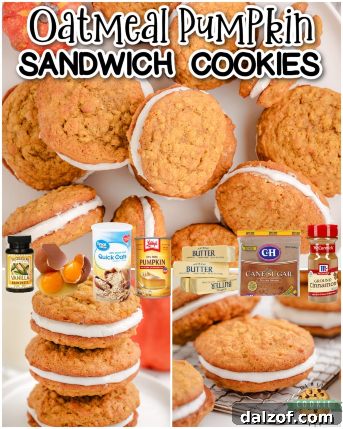A beautifully composed flat lay of Oatmeal Pumpkin Sandwich Cookies, showcasing their appealing presentation for social media or a blog post.