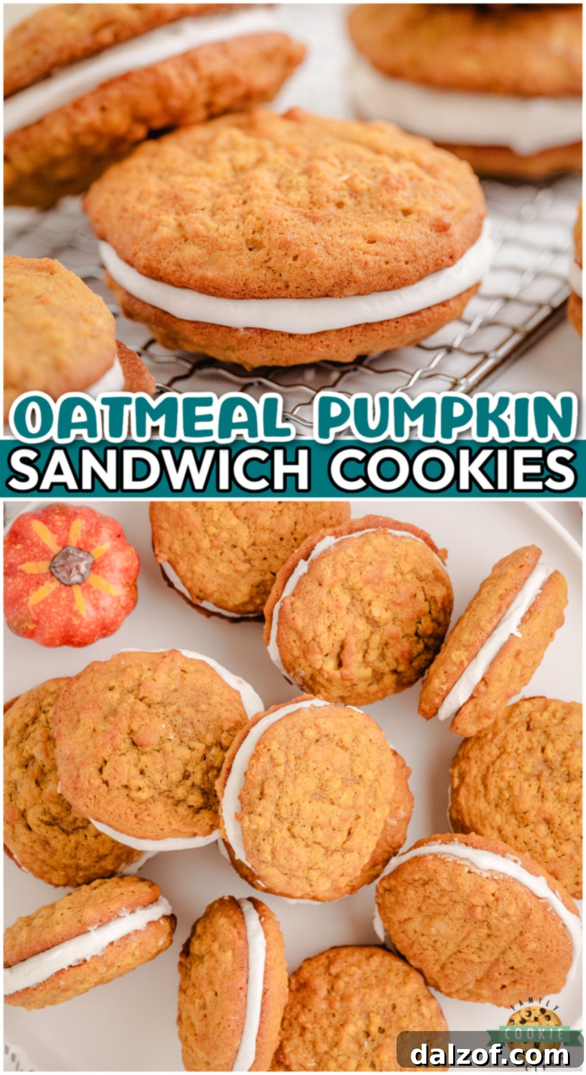 A high-angle shot of Oatmeal Pumpkin Sandwich Cookies with maple frosting, arranged appealingly for a Pinterest-style image, emphasizing their inviting fall charm.