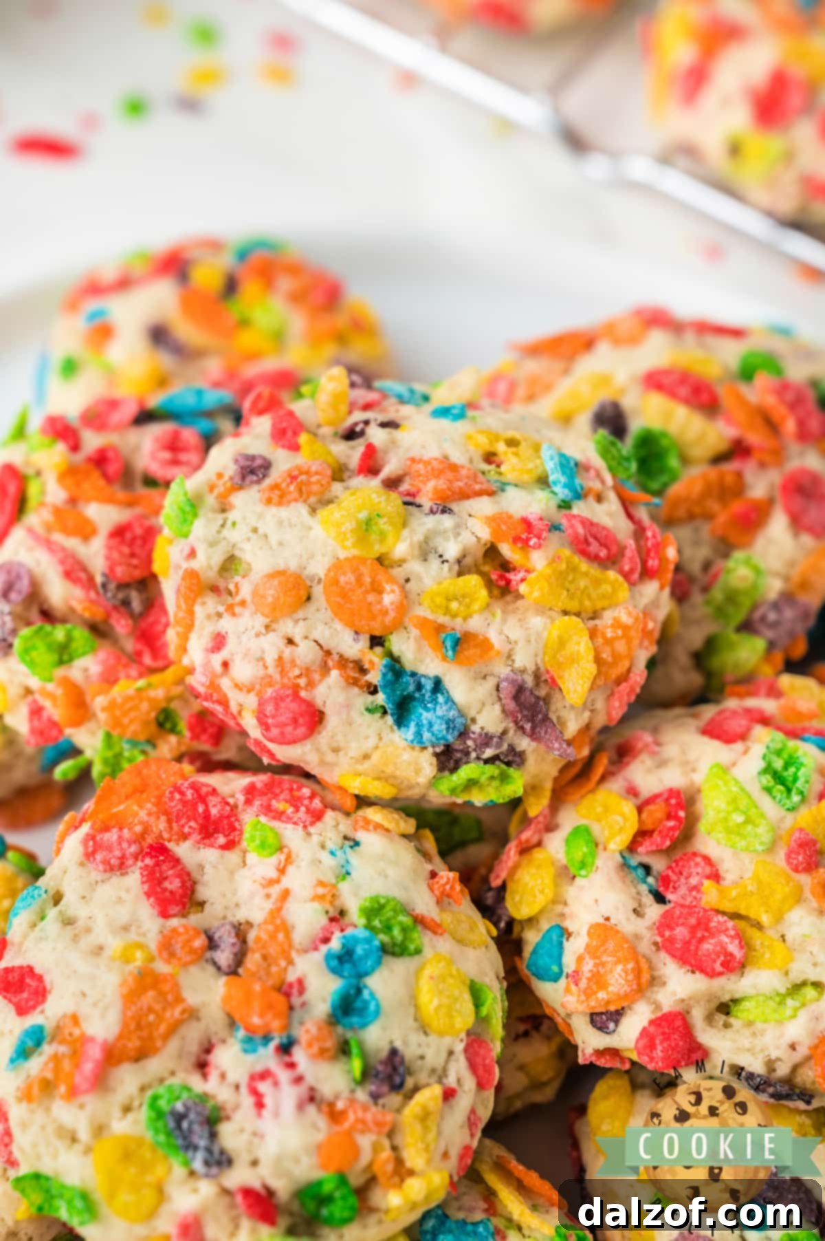 A stack of soft, sweet, and delicious Fruity Pebbles cookies.