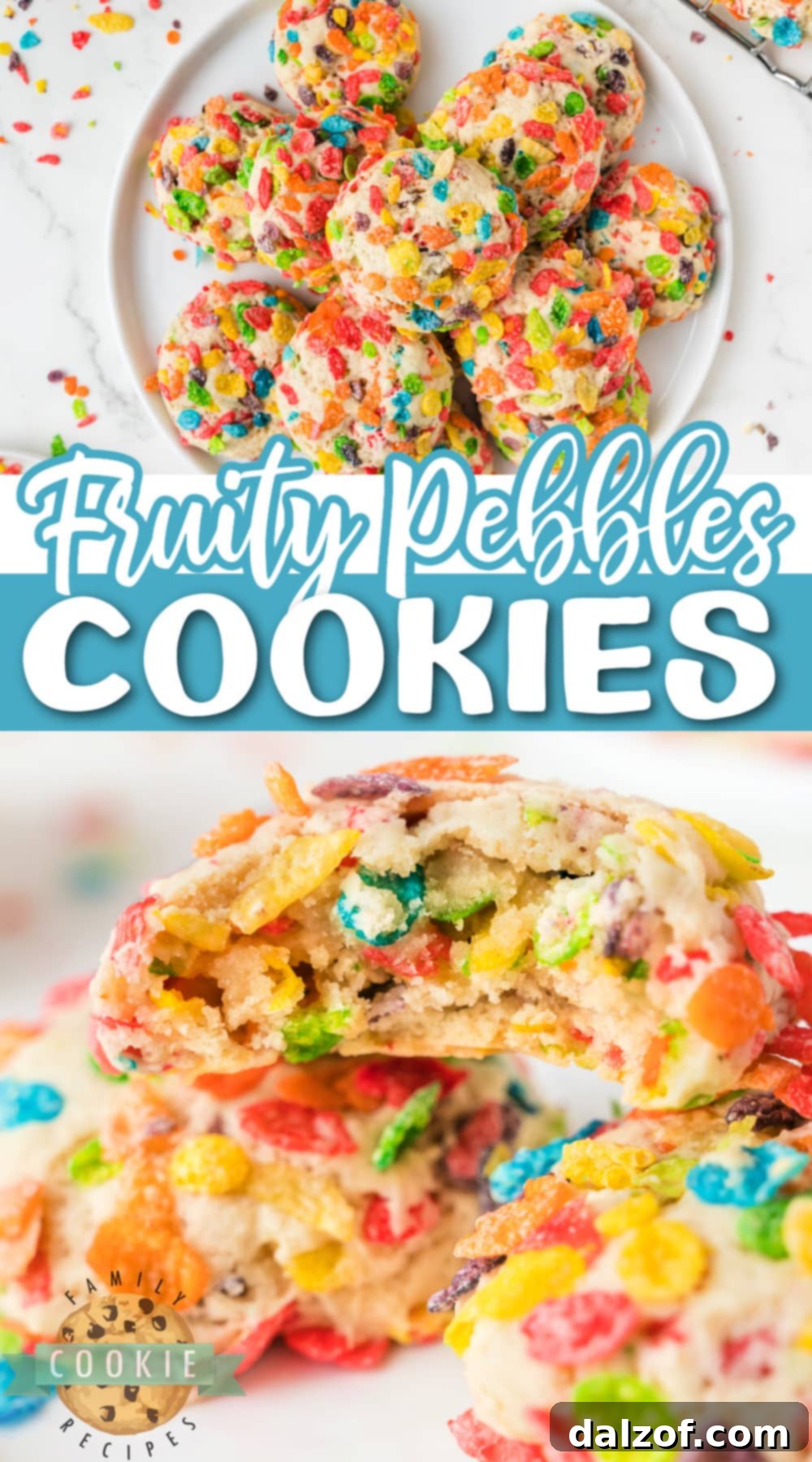 A large pile of freshly baked Fruity Pebbles cookies on a white surface.