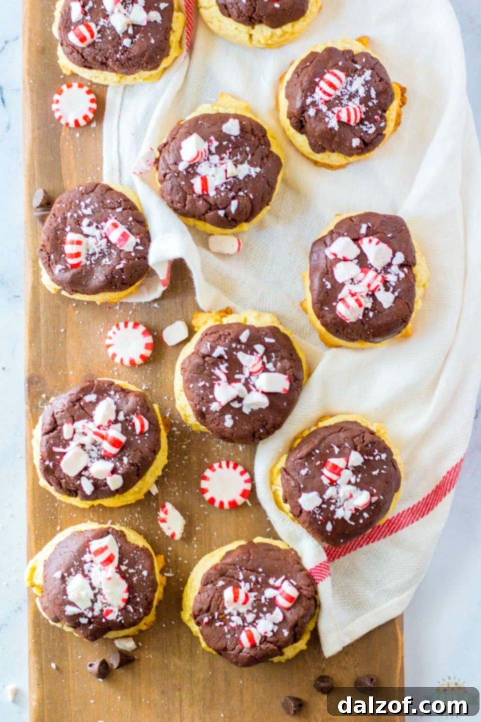Close-up of a Peppermint Fudge Sugar Cookie, showcasing the rich chocolate fudge and crushed peppermint topping