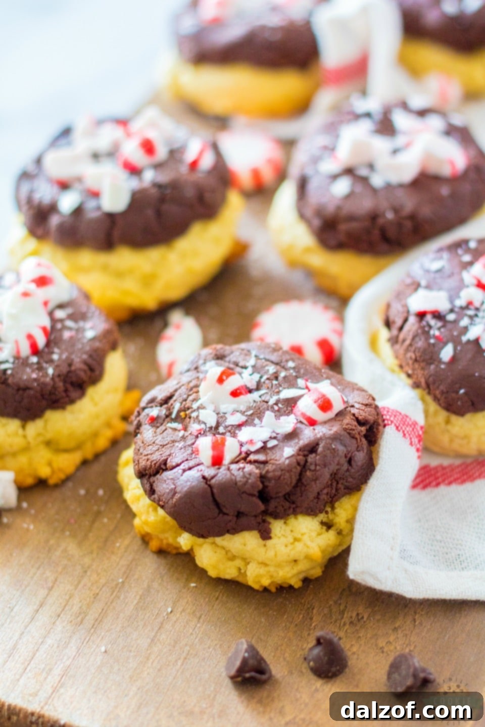 Ingredients for Peppermint Fudge Sugar Cookies, including chocolate chips, condensed milk, and peppermint candies