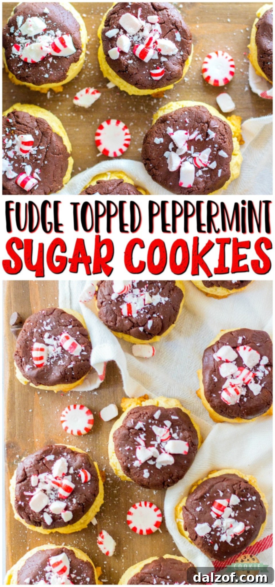 Peppermint Fudge Sugar Cookies are a perfect holiday treat, combining soft sugar cookies with a decadent chocolate peppermint fudge and festive crushed candy canes.