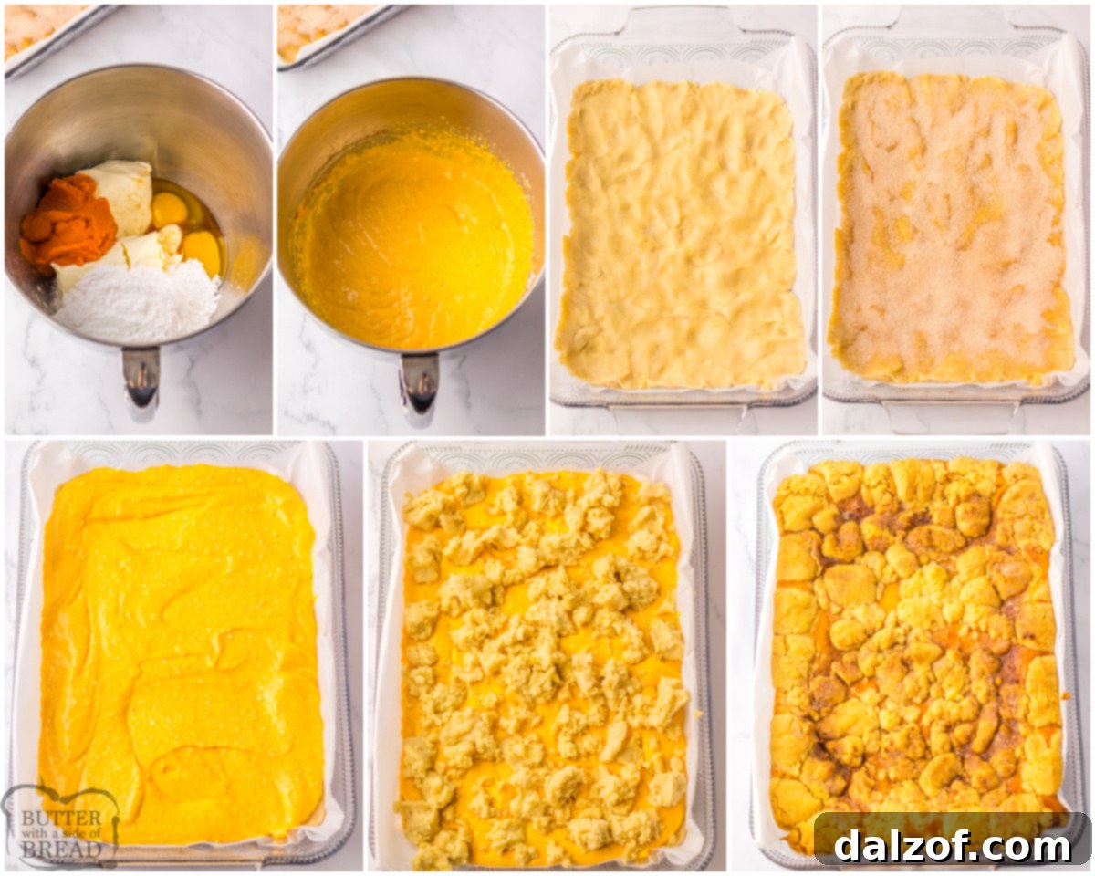 Ingredients laid out for making pumpkin cheesecake snickerdoodle bars, including sugar cookie dough, cream cheese, pumpkin puree, eggs, vanilla, cinnamon, and sugar.
