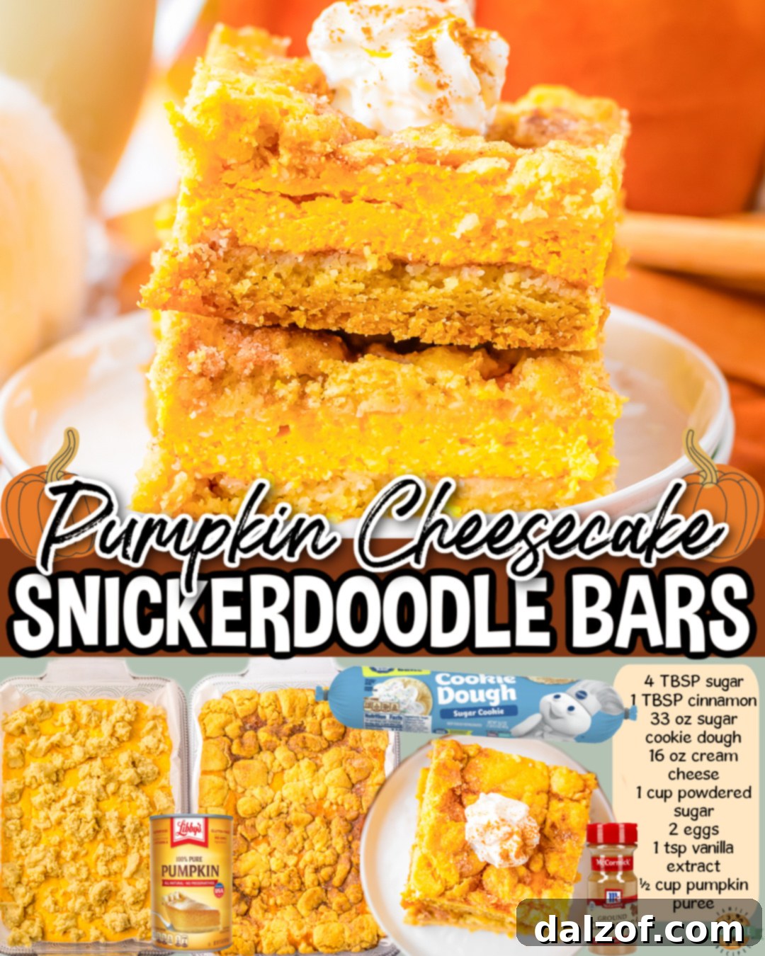 Overhead shot of an entire pan of Pumpkin Cheesecake Snickerdoodle Bars, freshly baked with a golden brown top and ready for chilling and slicing.