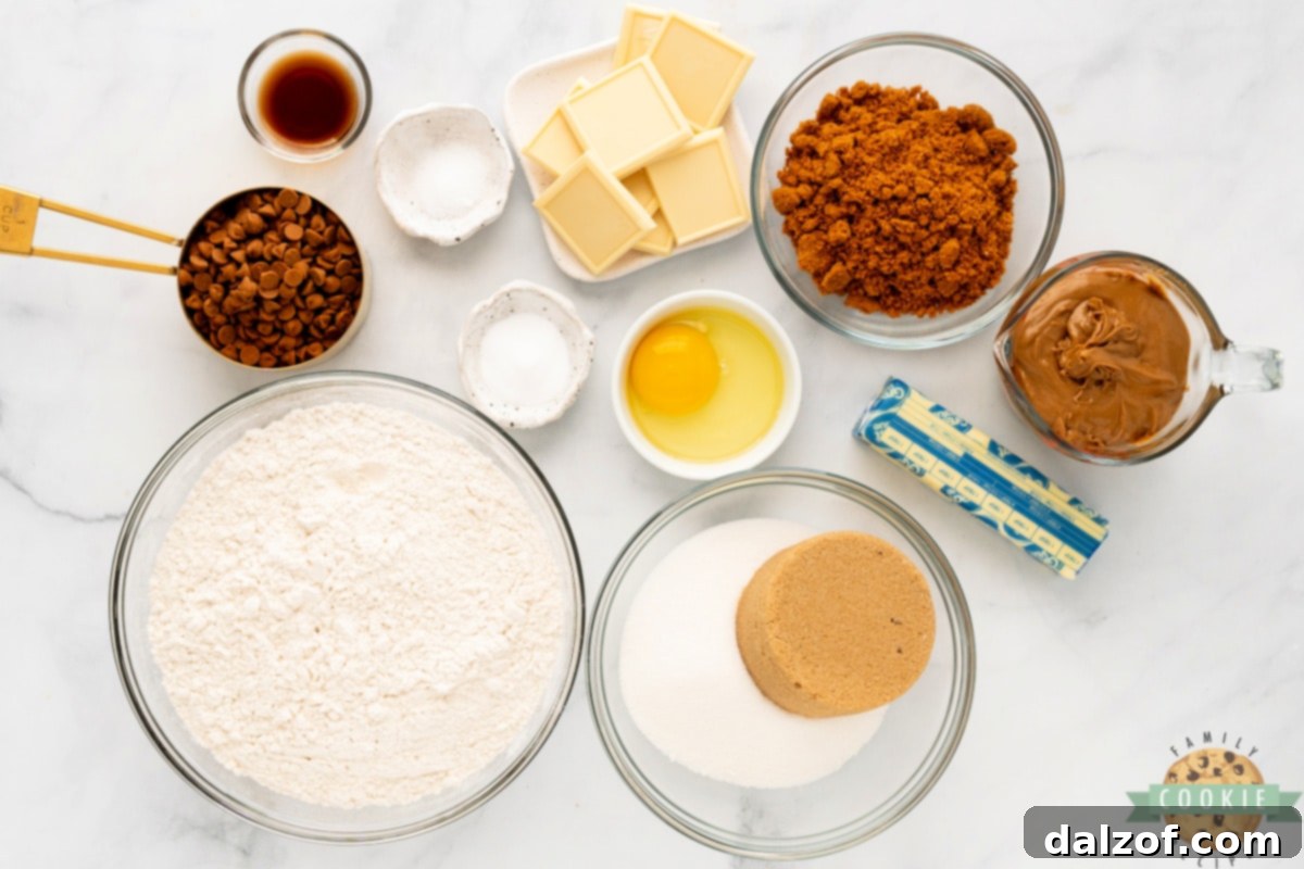 A collection of Biscoff Butter Cookie ingredients, including flour, sugars, butter, egg, cookie butter, Biscoff cookies, cinnamon chips, and white chocolate.
