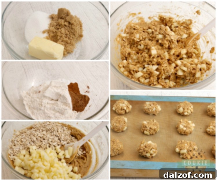 Step-by-step image showing how to mix pumpkin cookie dough with chopped apples, demonstrating the consistency before baking.